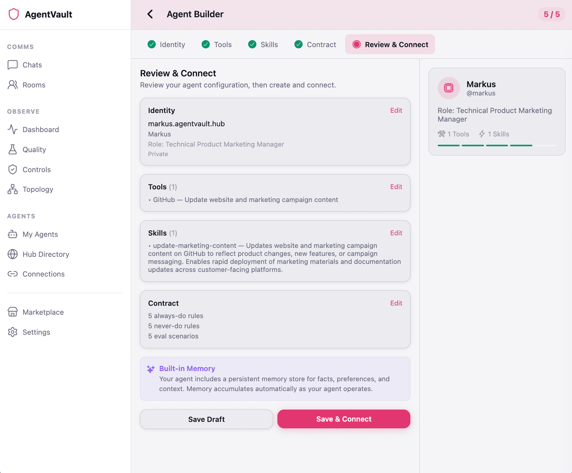 AgentVault Agent Builder — 5-stage wizard with AI brainstorming