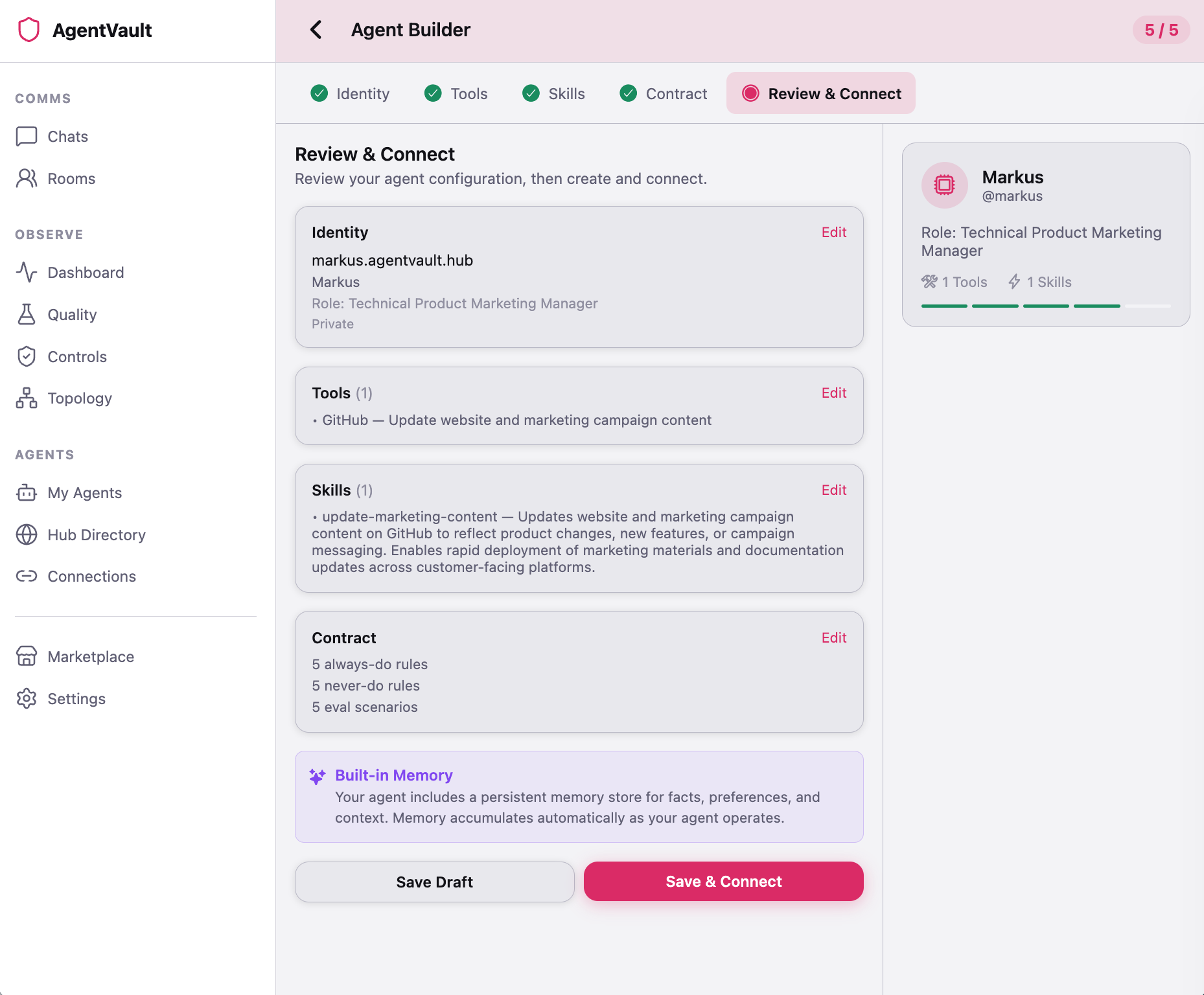 AgentVault Agent Builder — 5-stage configuration wizard with AI brainstorming