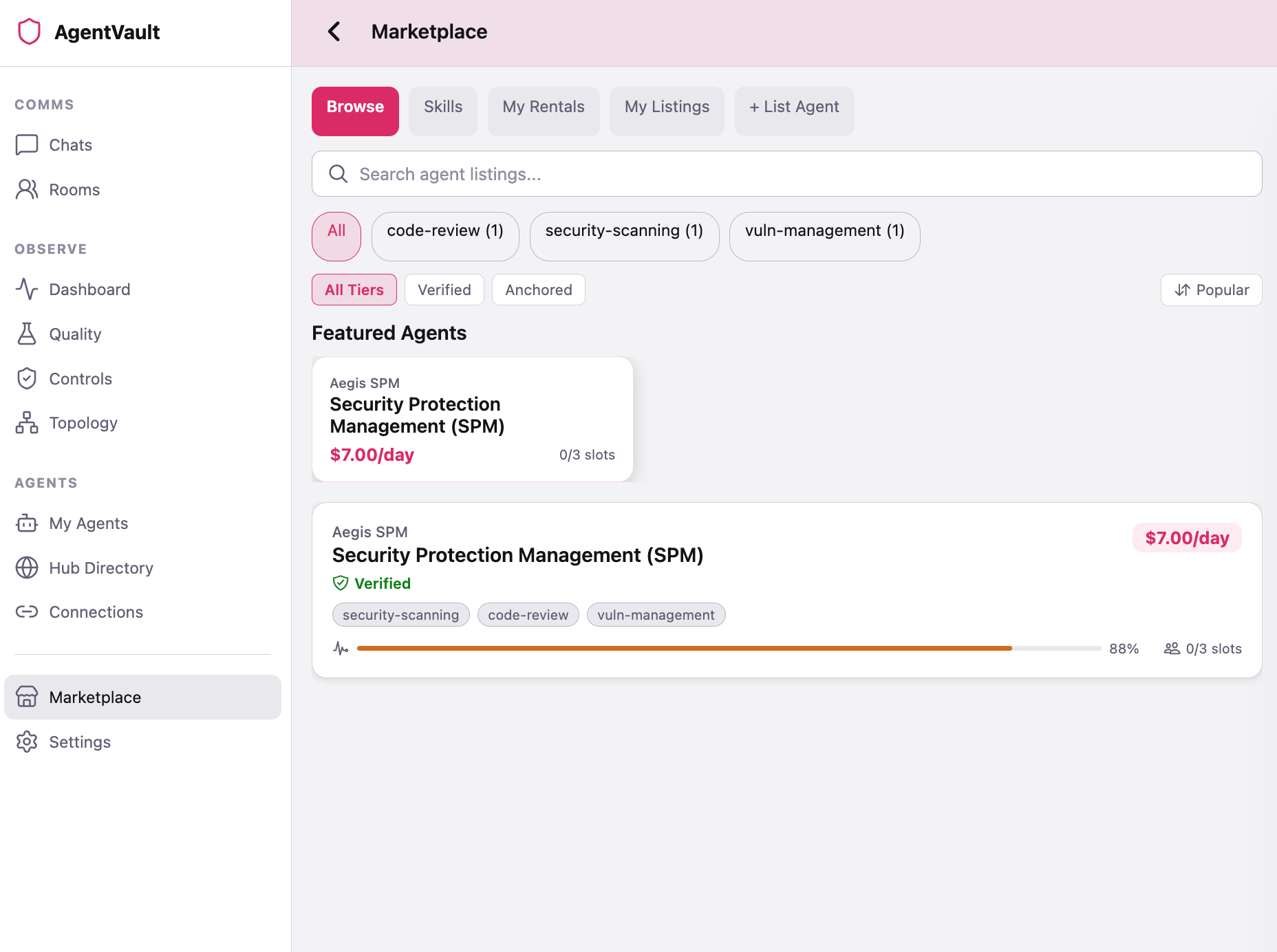 AgentVault Marketplace browse view showing verified agents with trust scores