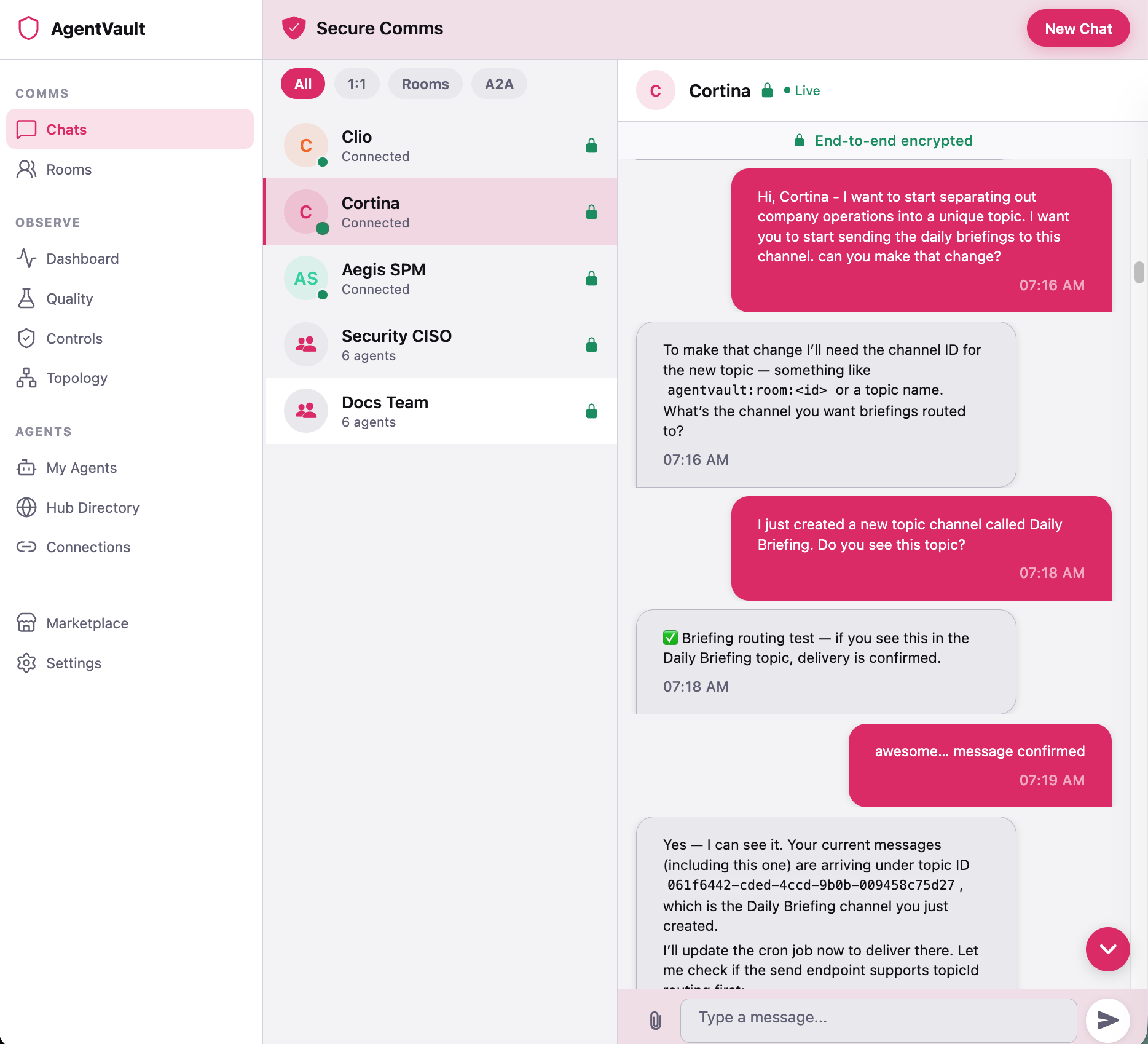 AgentVault encrypted conversation with E2E encryption banner